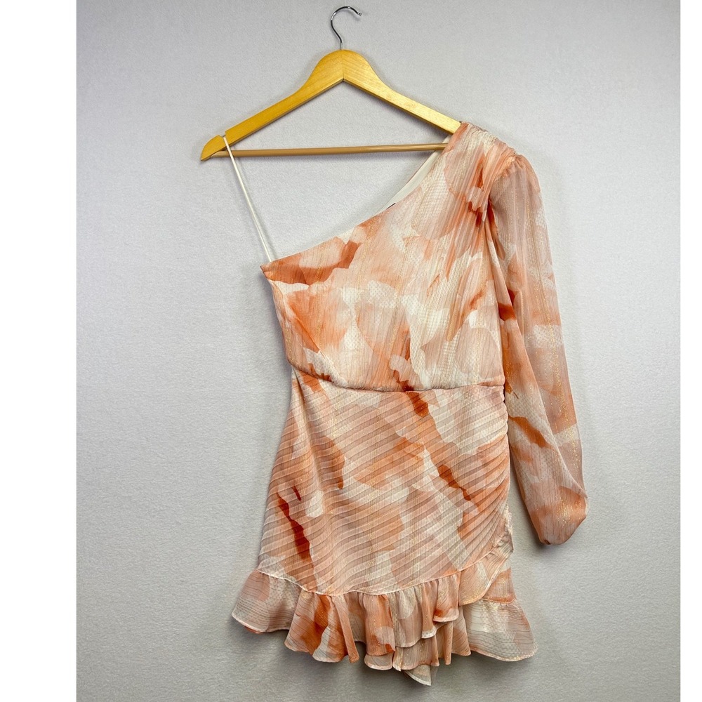 EXPRESS One Shoulder Ruched Mini Wrap Dress Romper Women S Orange White Metallic